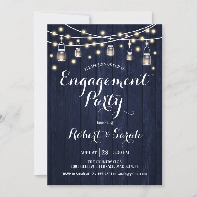 Engagement Party - Navy Blue Rustic Wood Einladung (Vorderseite)