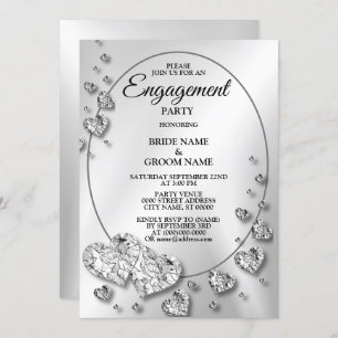 Engagement Party Silver Gray Shiny Hearts Elegant Einladung