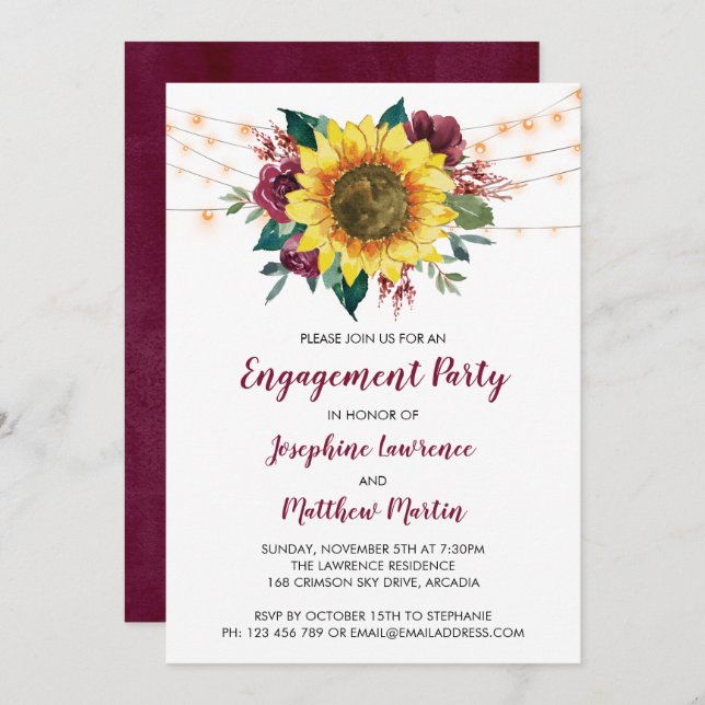 Engagement Party Sunflower Burgundy Bloral Einladung (Vorne/Hinten)