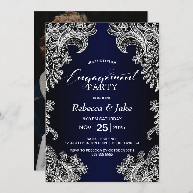 Engagement Party White Lace Blue Einladung (Vorne/Hinten)