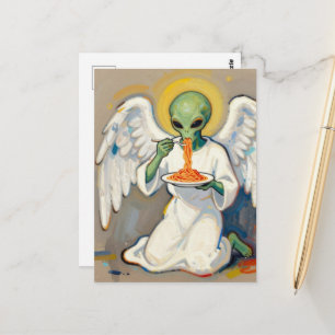 Engel Alien isst Spaghetti Postkarte