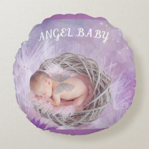 "Engel Baby" Rundkissen in lila. Rundes Kissen