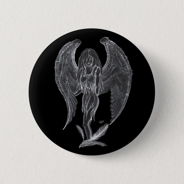 Engel Bleistiftzeichnung Schwarz-Weiß-Design Button (Vorderseite)