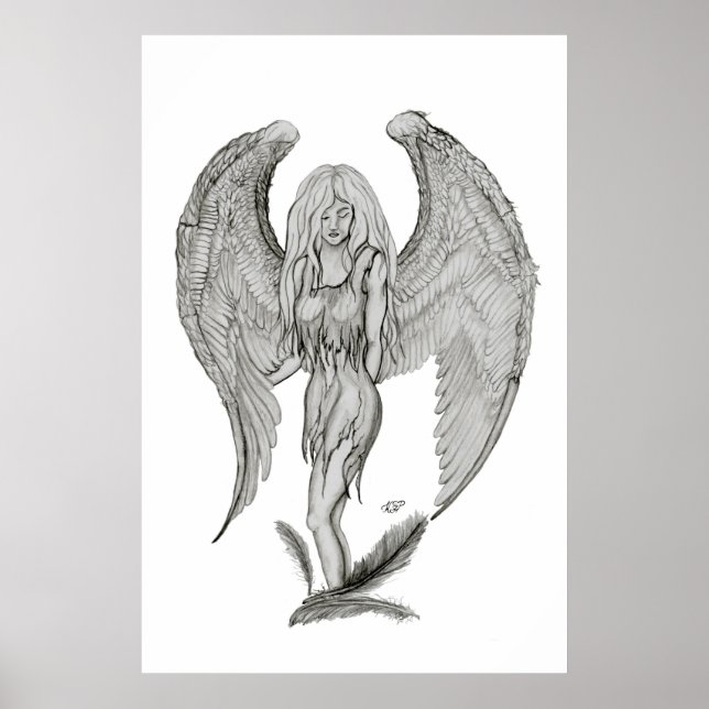Engel Bleistiftzeichnung Schwarz-Weiß-Design Poster (Vorne)