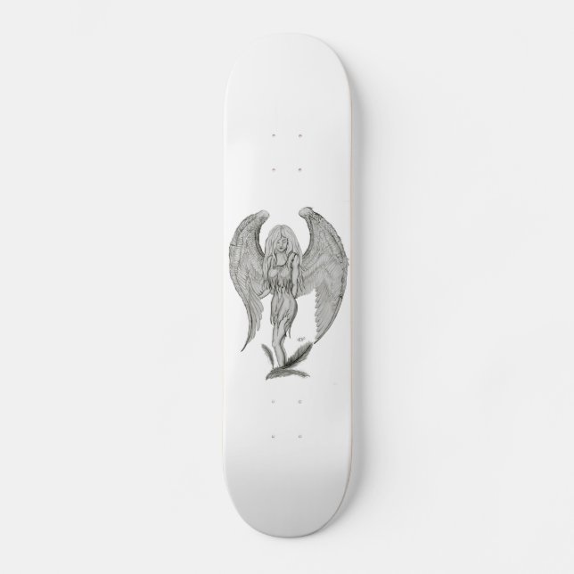 Engel Bleistiftzeichnung Schwarz-Weiß-Design Skateboard (Vorderseite)