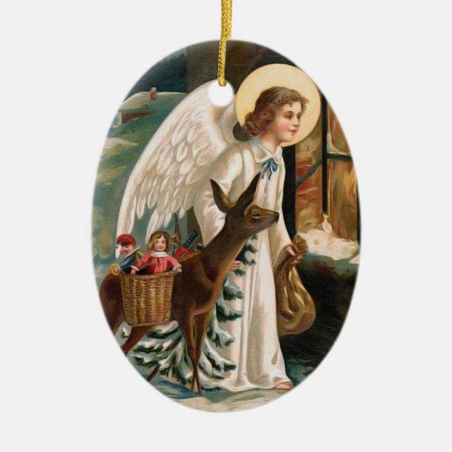 Engel, der Fenster mit Rotwild-Weihnachten Keramik Ornament (Vorne)