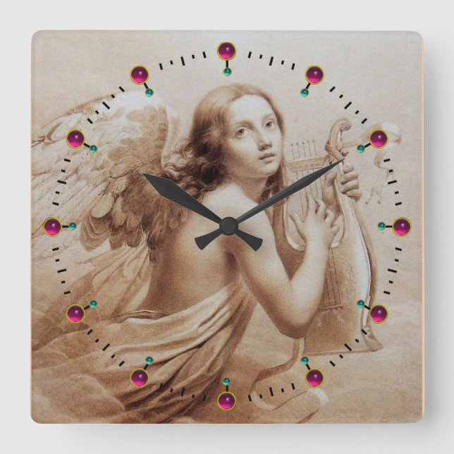ENGEL, der LYRA ÜBER dem WOLKEN Sepia Brown SPIELT Quadratische Wanduhr (Vorderseite)
