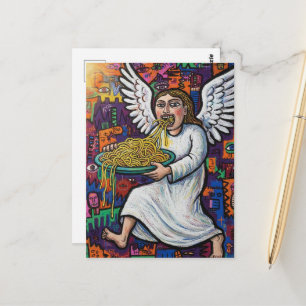 Engel, der Spaghetti isst im Art brut-Stil Postkarte