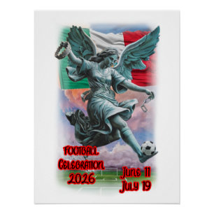 Engel der Unabhängigkeit feiert Fußball auf einem Poster