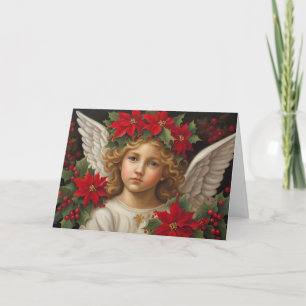 Engel der Weihnachtszeit mit Rotem Poinsettia Kran Feiertagskarte