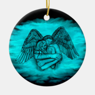 Engel Eros in Liebe, schwarzes und grünes Design Keramik Ornament