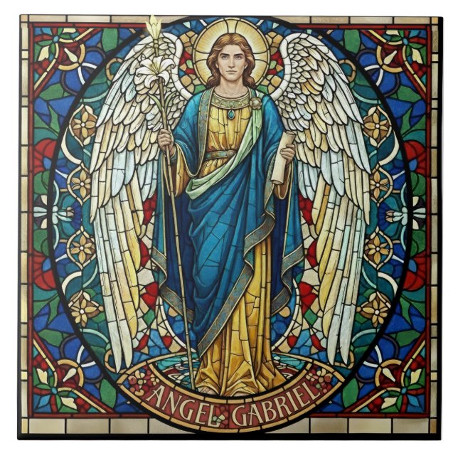 Engel Gabriel Buntglas-Stil Erzengel Kunst Fliese (Vorderseite)