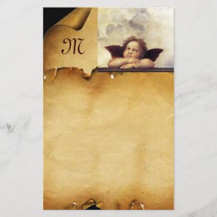 ENGEL / Geflügelter Cherub, Pergament-Monogramm Briefpapier