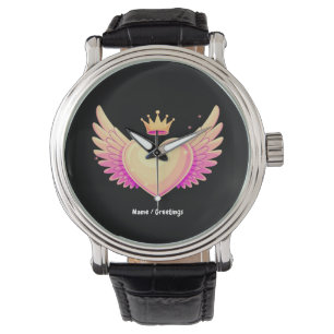Engel Heart mit Coolen rosa Flügel und Kronen A To Armbanduhr