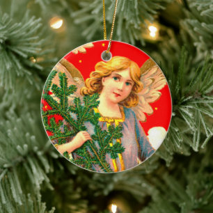 Engel in Lila trägt Weihnachtsbaum  Keramik Ornament