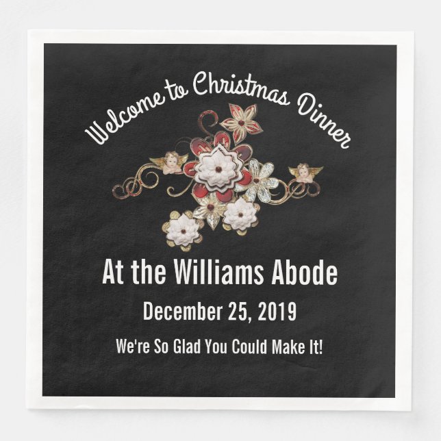 Engel, Juwelen und funkelnde Blume Pop auf Schwarz Serviette (Vorderseite)