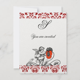 ENGEL MALT EIN ROTES BLUMEN-DAMAST-MONOGRAMM Eis Einladung