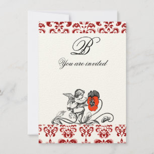 ENGEL MALT EIN ROTES BLUMEN-DAMAST-MONOGRAMM gefüh Einladung
