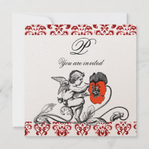 ENGEL MALT EINE ROTE BLUME DAMAST MONOGRAMM gold Einladung
