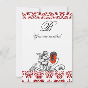 ENGEL MALT EINE ROTE BLUME DAMAST MONOGRAMM leinen Einladung