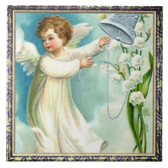Engel mit Blauer Keramik Fliese (Vorderseite)