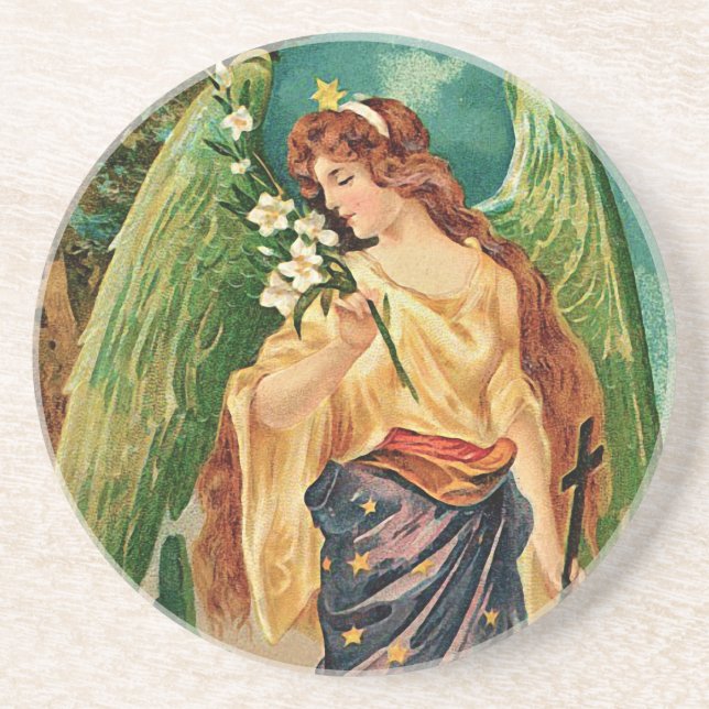 Engel mit Blumenzweig Sandstein Untersetzer (Vorne)