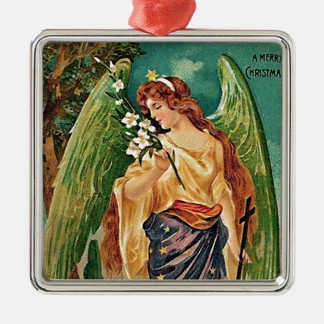 Engel mit Blumenzweig Silbernes Ornament (Vorne)