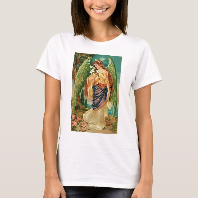 Engel mit Blumenzweig T-Shirt (Vorderseite)