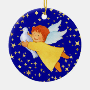 Engel mit Friedenstaube Keramikornament