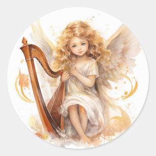 Engel mit Harp Weihnachtsklebern Runder Aufkleber