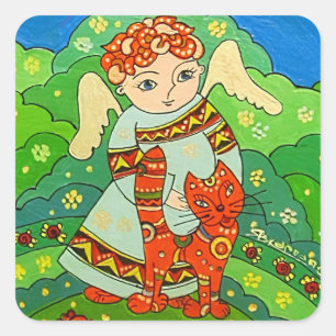 Engel mit Katzenaufkleber Quadratischer Aufkleber