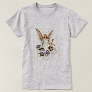 Engel mit Kreuz- und Clematika-Blume T-Shirt