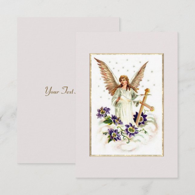 Engel mit Kreuz und Clematitis Blume Einladung (Vorne/Hinten)