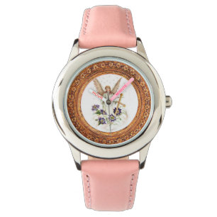 Engel mit Kreuz und Klematisblumen Armbanduhr