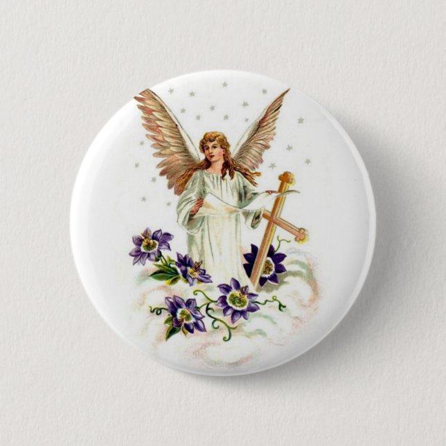 Engel mit Kreuz und Klematisblumen  Button (Vorderseite)