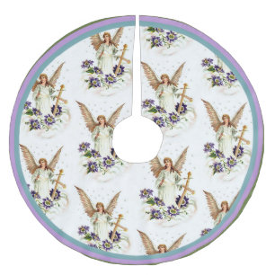 Engel mit Kreuz und Klematisblumen Polyester Weihnachtsbaumdecke