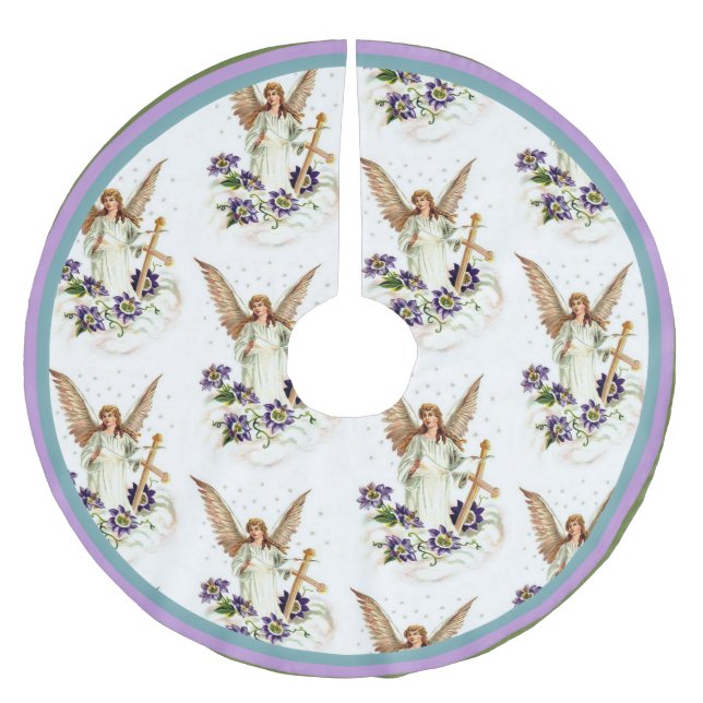 Engel mit Kreuz und Klematisblumen Polyester Weihnachtsbaumdecke (Vorderseite)