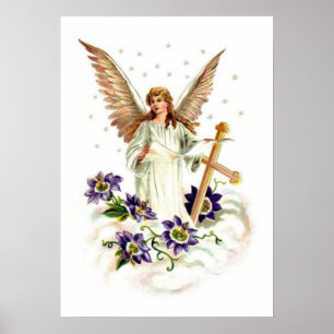Engel mit Kreuz und Klematisblumen Poster