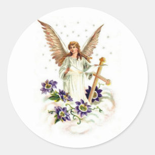 Engel mit Kreuz und Klematisblumen Runder Aufkleber