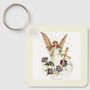 Engel mit Kreuz und Klematisblumen Schlüsselanhänger