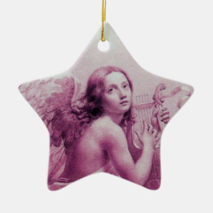 ENGEL MIT LYRA ÜBER DEN WOLKEN Pink Star Keramik Ornament