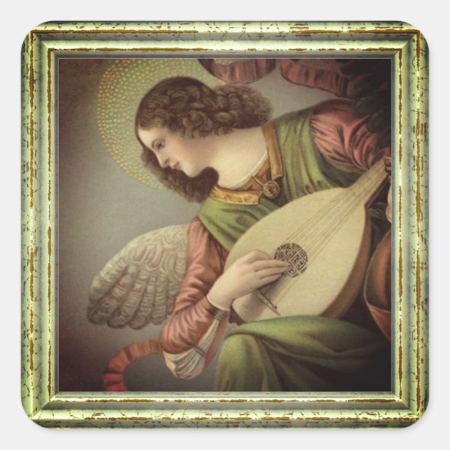 Engel mit Mandolin Quadratischer Aufkleber (Vorderseite)