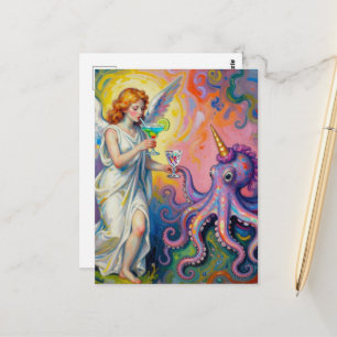 Engel mit Margaritas und Oktopus Einhorn Fantasie Postkarte