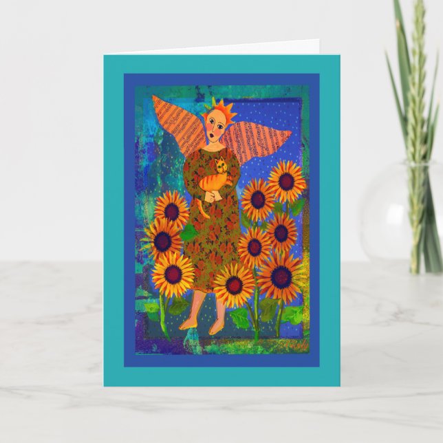 Engel mit Orange Tabby Cat und Sonnenblumen Karte (Vorderseite)