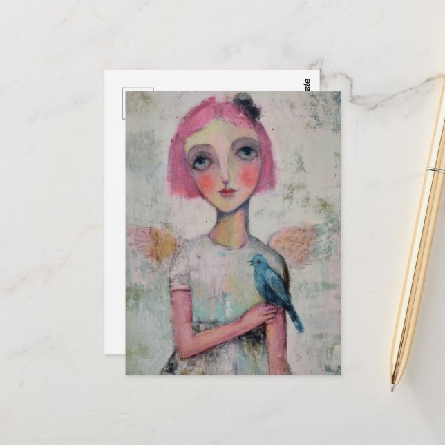 Engel mit rosa Haar und blauem Vogel Postkarte (Vorderseite/Rückseite Beispiel)