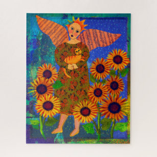 Engel mit Sonnenblumen und Tabby Cat 16x20 Puzzle
