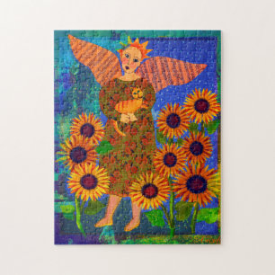 Engel mit Tabby Cat und Sonnenblumen 11x14 Puzzle