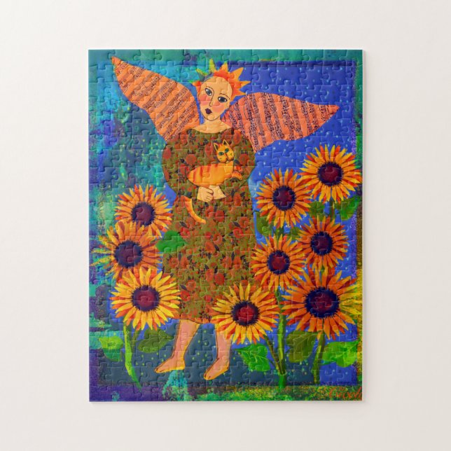 Engel mit Tabby Cat und Sonnenblumen 11x14 Puzzle (Vertikal)
