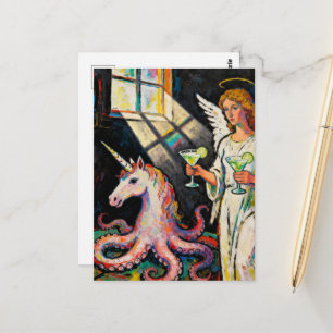 Engel mit zwei Margaritas und einem Oktopus-Einhor Postkarte