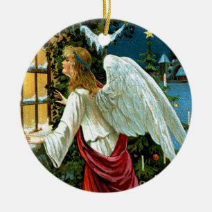 Engel schaut aus dem Fenster Keramikornament